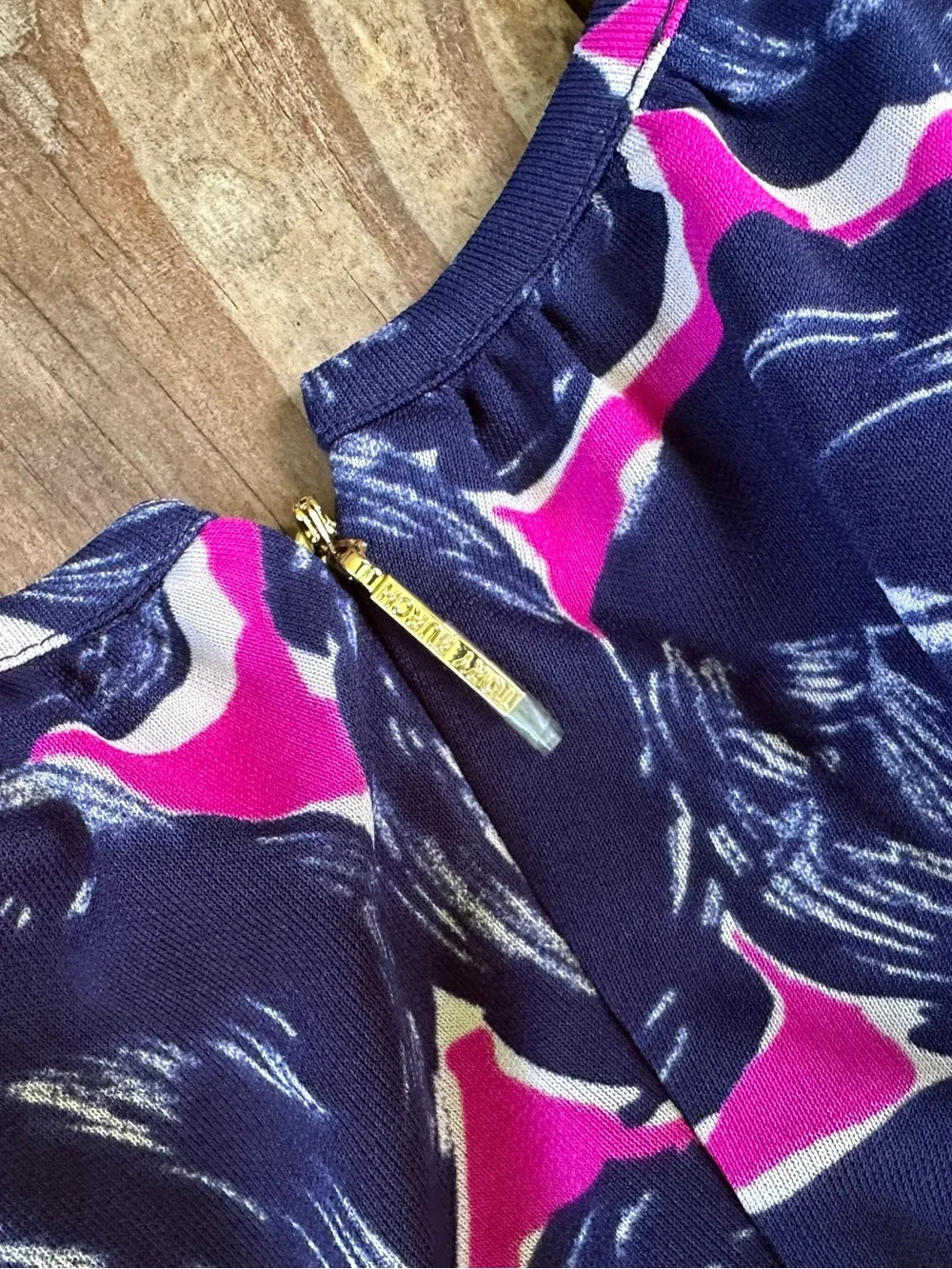 Tory Burch Abstract Print Tie Waist Midi Dress Navy Pink M NWOT